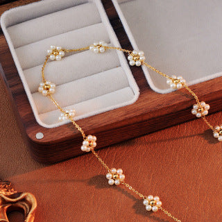 Cross-border European and American Hot-selling Fashion Copper Alloy Woven Flower Pearl Necklace Versatile Exquisite Elegant High-end Style