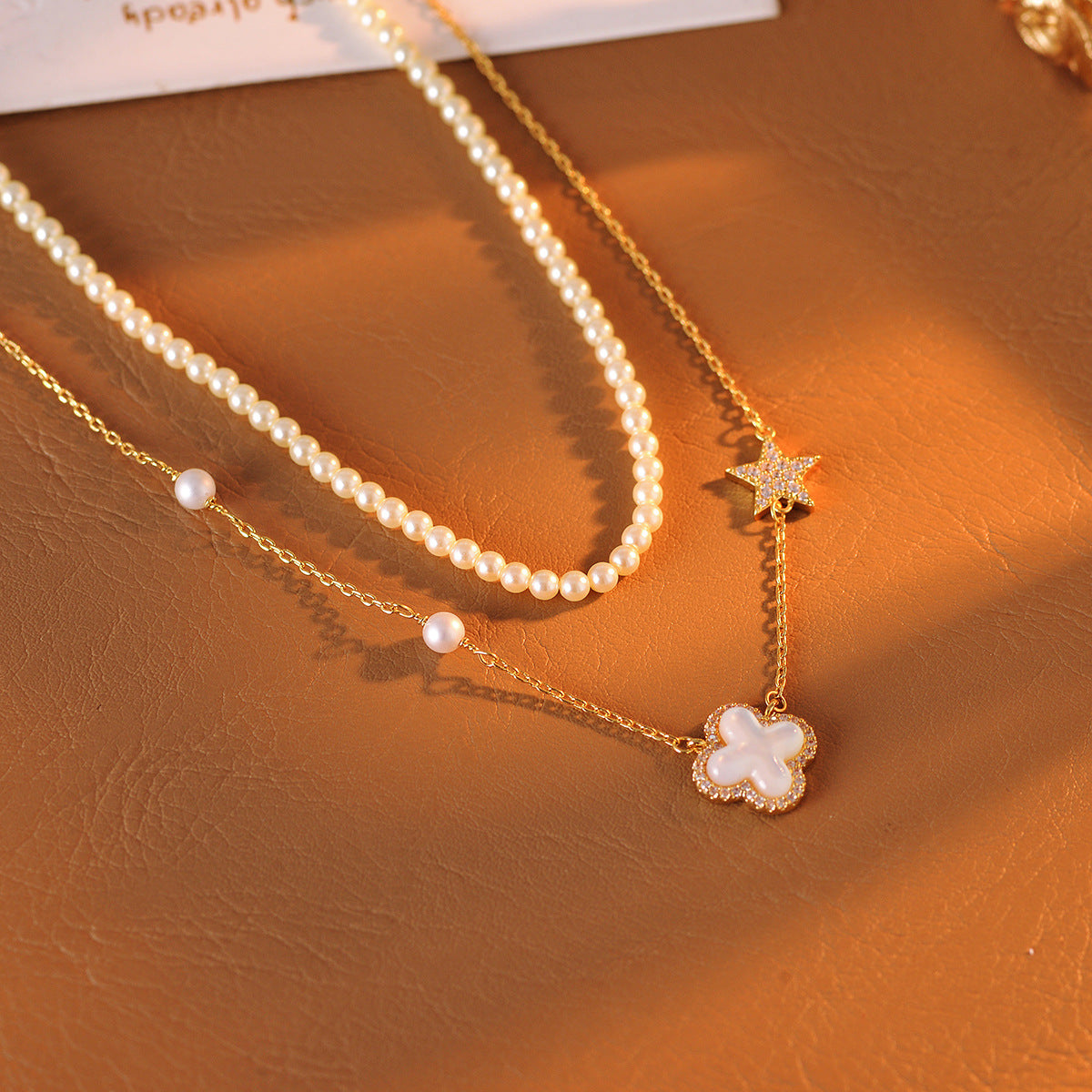 Hot-Selling Light Luxury High-End Double-Layer Stacked Pearl Four-Leaf Clover Mother-of-Pearl Bracelet Necklace Personality Simple