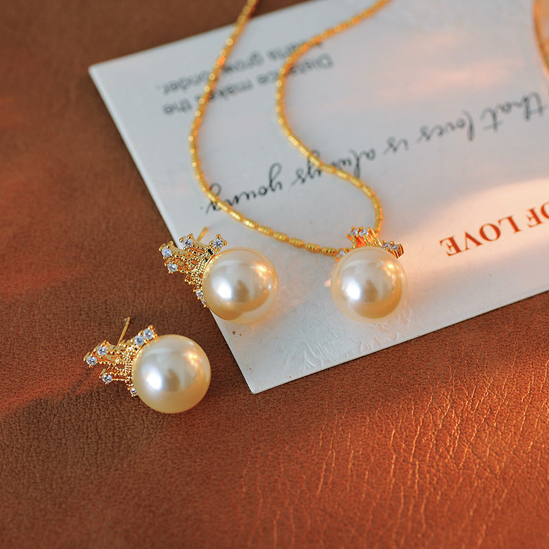 Dream Castle Princess Necklace French Court Style Shijia Pearl Collarbone Chain 18K Gold Plated Pearl Earrings Set for Women