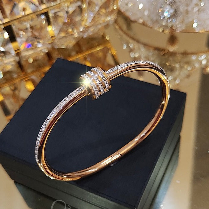 Titanium Steel Non-Fading Rose Gold Bracelet for Women, Ins Trend Niche Design Bracelet with Rhinestones, Small Waist Internet Celebrity Jewelry