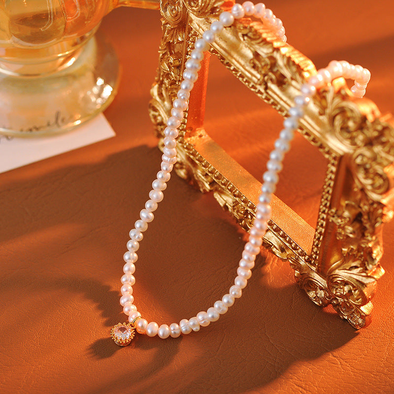 Chenghuanji Yang Zi Same Style Shijia Xiaomi Bead Inlaid Diamond Round Pendant Pearl Necklace Collarbone Chain for Women