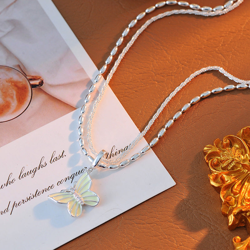 Silver Double Layer Butterfly Necklace Elegant Versatile High-end Gentle Sweet Fairy Niche Collarbone Chain A10134