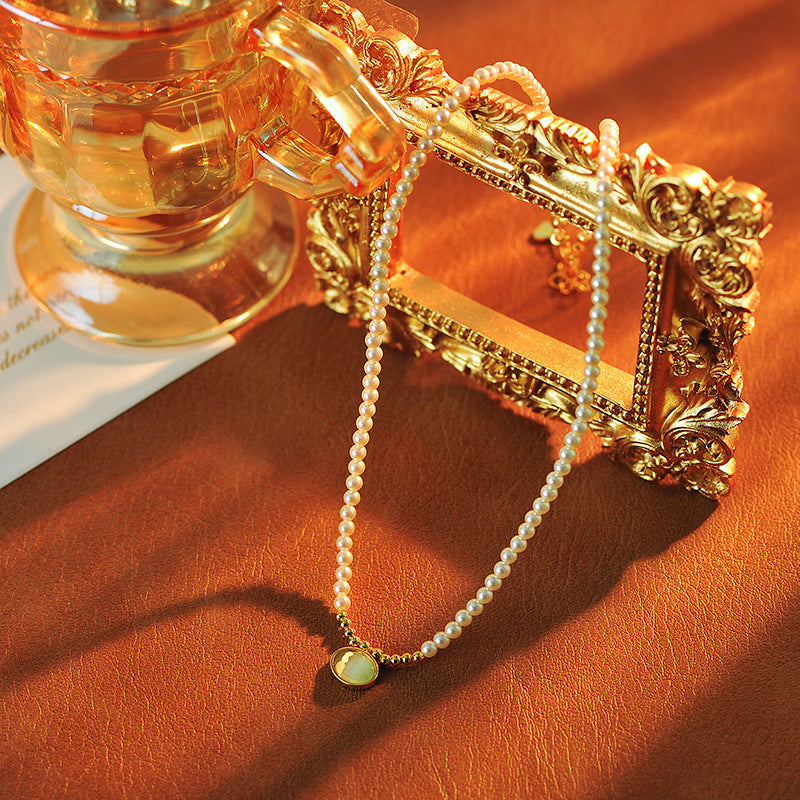 Korean Version Xiaomi Pearl Necklace New Cat's Eye Stone Pendant Light Luxury Niche Autumn Winter Accessory One Piece