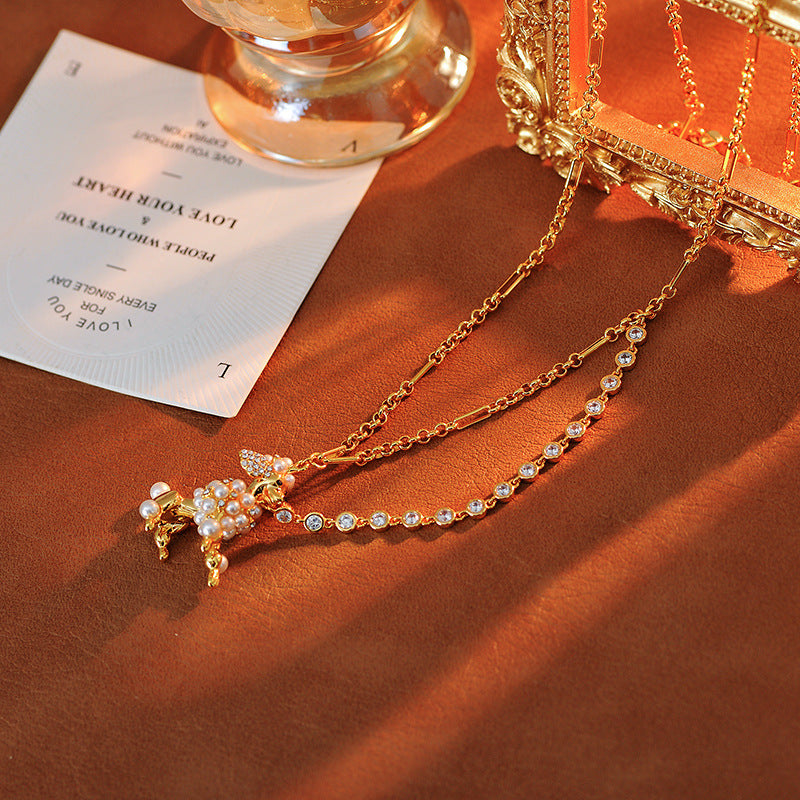 European and American Jewelry Creative Personality Sparkling Diamond Fun Cute Pearl 3D Dog Shape Necklace