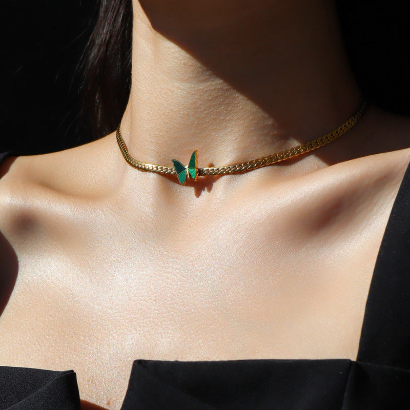 Vintage Style Green Butterfly Choker Necklace Cuban Necklace Collarbone Chain Titanium Steel 18K Gold Plated Non-Fading