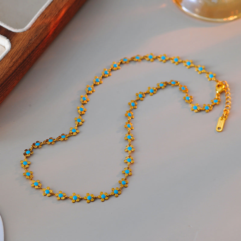 European and American Cross-Border Fashion Retro Style INS Titanium Steel Blue Small Flower Resin Fashion Simple Collarbone Chain