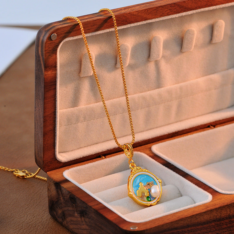 Oil Painting Vintage Necklace for Women French Style Natural Freshwater Pearl Niche Design Retro Light Luxury High-end Clavicle Chain