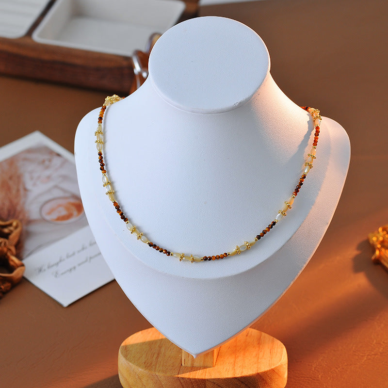 Milad Style Natural Stone Beaded Compass Pendant Layered Necklace for Women, Light Luxury Retro Versatile Choker Collarbone Chain