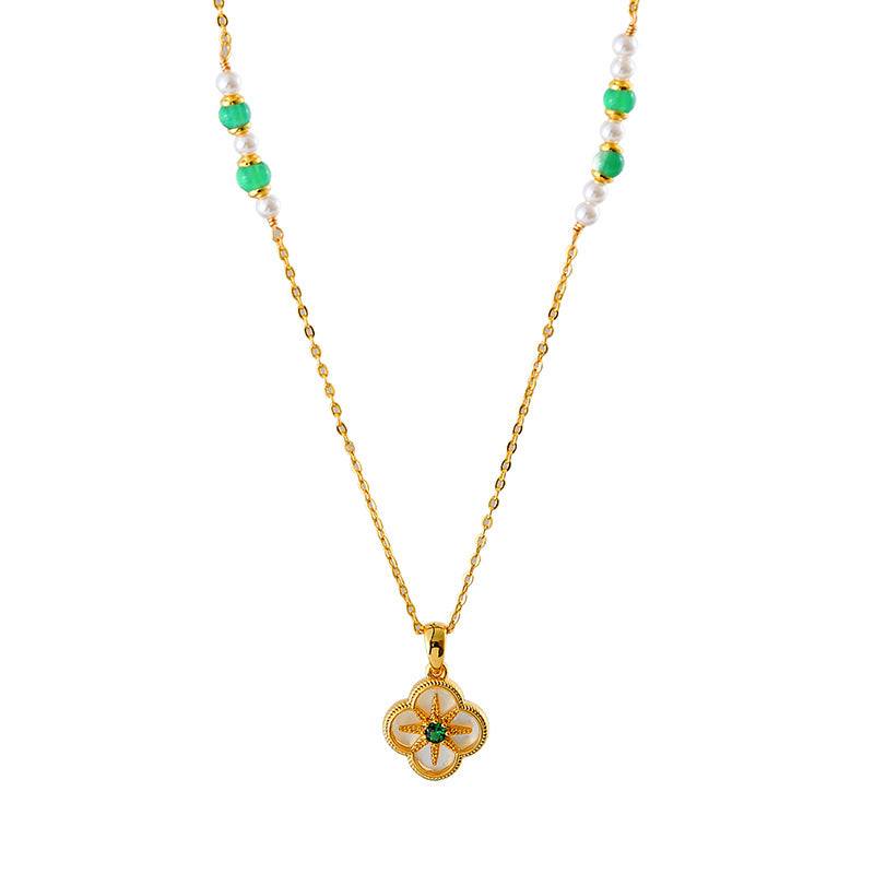 Four-leaf Flower Shell Inlaid Necklace Eight-pointed Star Design New Chinese Style Bracelet Green Natural Stone Sweater Chain Set