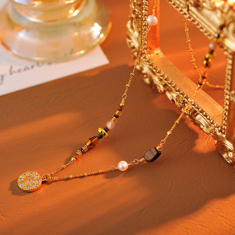 Full Diamond Eight-Pointed Star Round Pendant Necklace Beaded 2025 New Light Luxury Niche Autumn Winter Sweater Chain