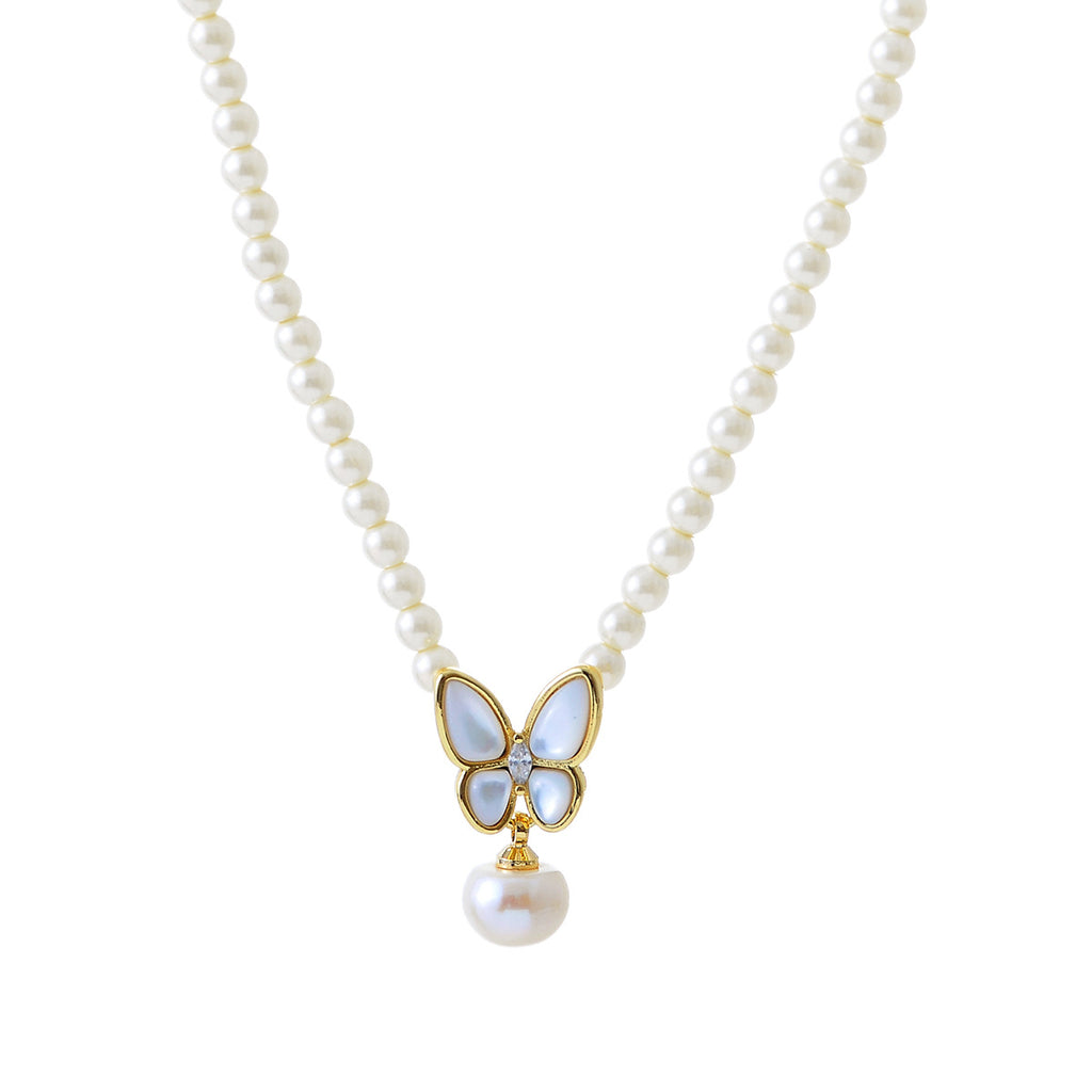 Imitation Shijia Pearl Necklace for Women, Light Luxury High-End Butterfly Pendant Collarbone Chain, Elegant Jewelry