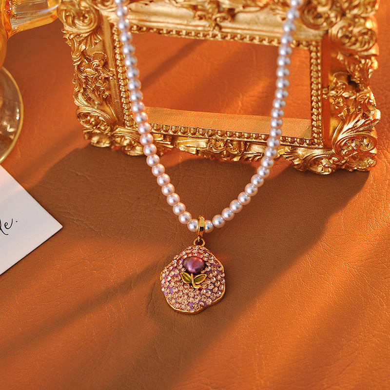 New Pearl Flower Necklace Full Inlaid with Colorful Zircon Purple Flower Necklace Fashionable Elegant High-end Necklace for Women