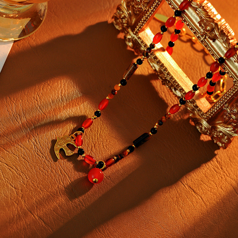 Wu Xin Same Style Red Agate Fire Bird Beaded Necklace for Women Clavicle Chain Dopamine French Retro Niche Design